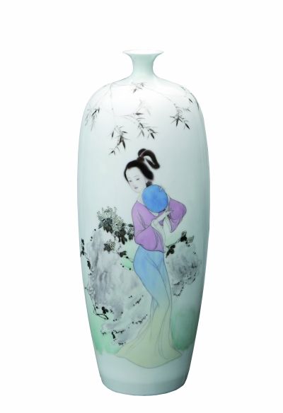 傅长敏作品：粉彩人物仕女《赏秋》